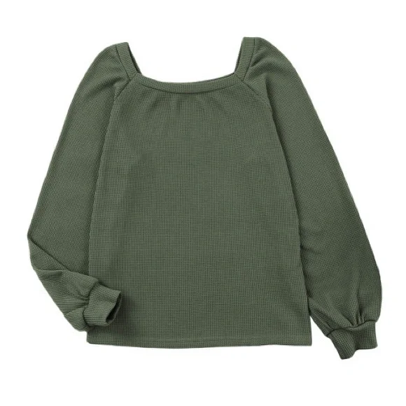 New - Shewin - Green Plain Waffle Knit Bishop Sleeve Square Neck Top - Picture 9 of 10